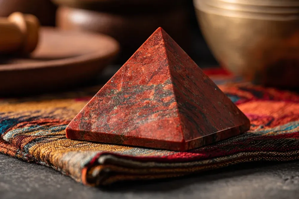 Red jasper pyramid on meditation mat